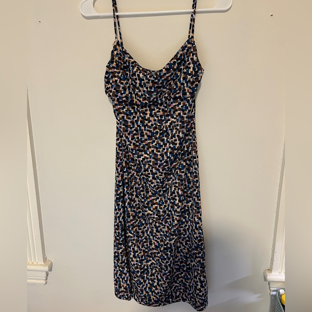 BCBGMaxAzria Blue and Brown Patterned Midi Dress